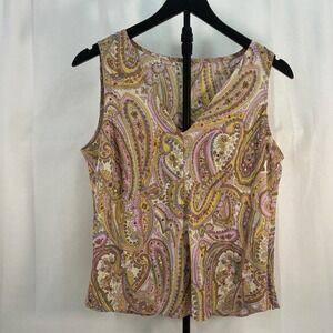Vintage Paisley Silk Boho Embroidered Sequin Sleeveless Blouse Women M